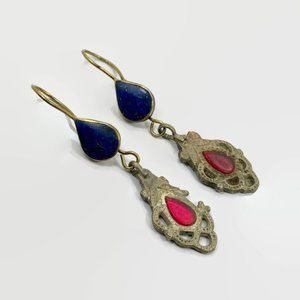 Afghan Earrings, Lapis, Jewels, Vintage, Middle Eastern, Mixed Metal, Silver